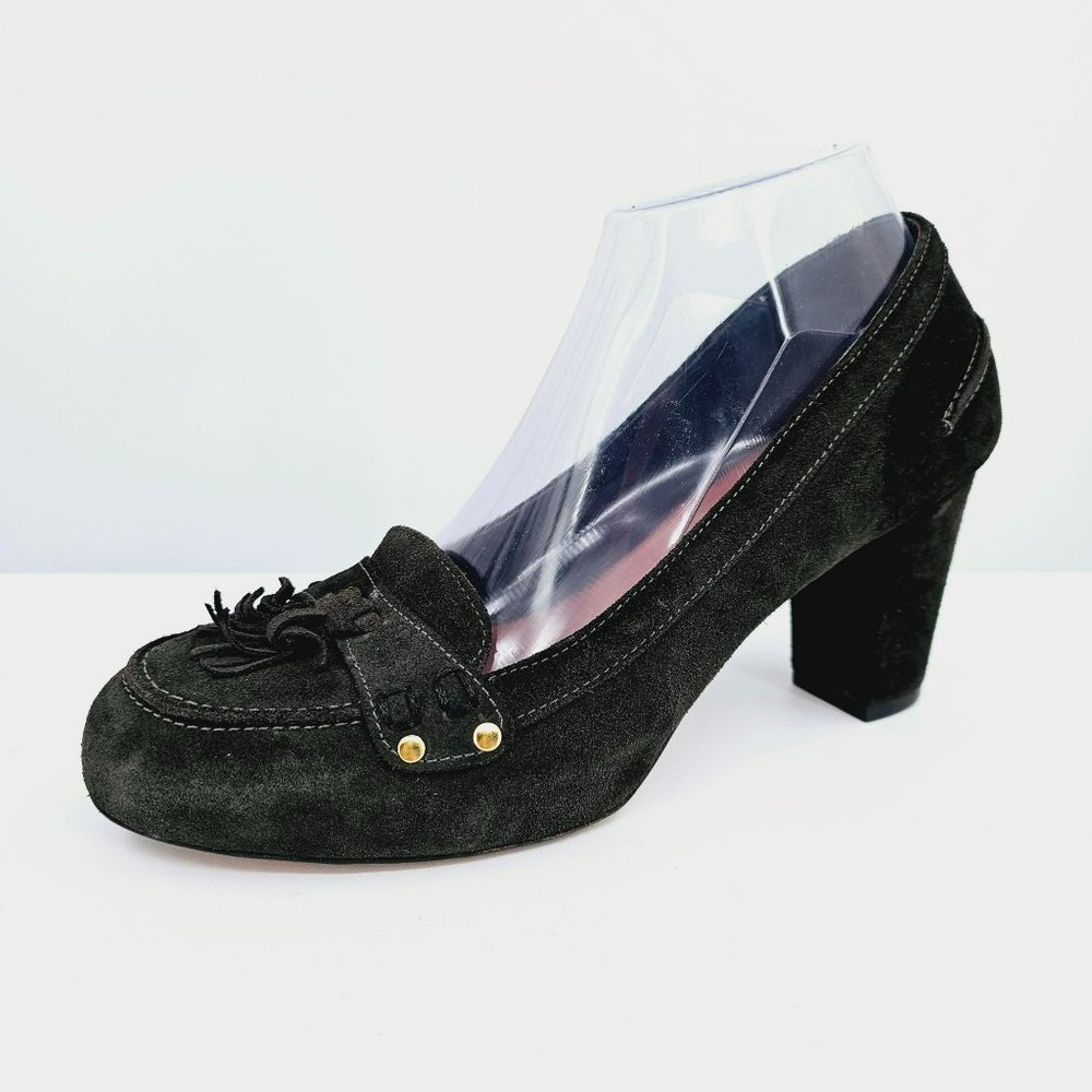 Nara Shoes Tasseled Penny Loafer Pumps 8.5 Dark Green Block Heel Leather Preppy